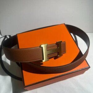 Hermes H Gold and Tan Calfskin Leather Belt